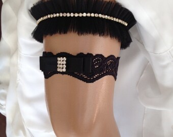 wedding garter set, black bridal garter set, black bow, crystal rhinestone/gold