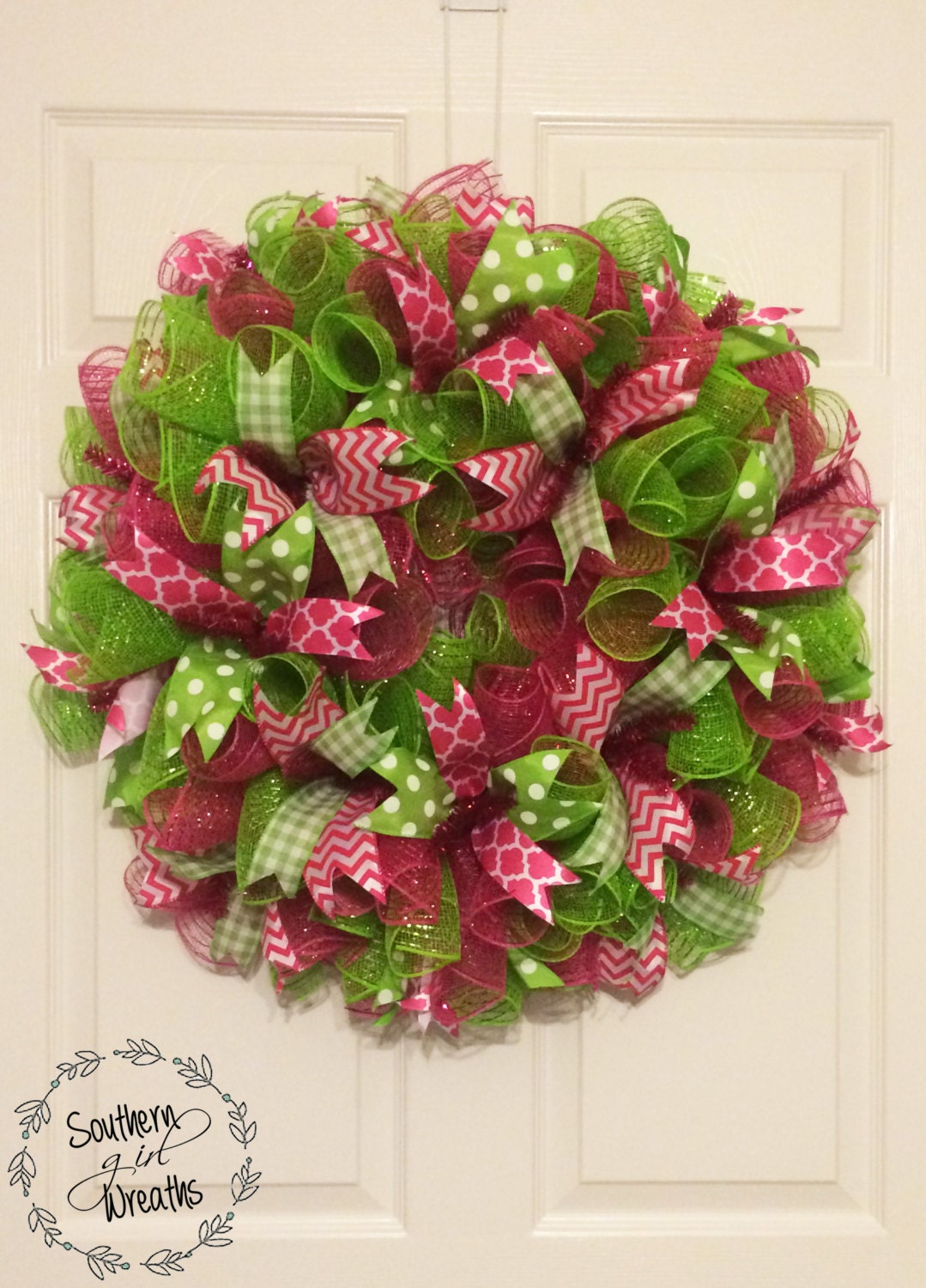 Pink and Green Summer deco mesh wreath by southerngirlwreaths1