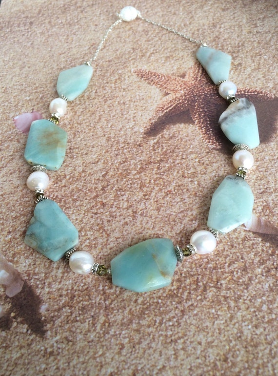 Natural Agate and Freshwater pearl necklace-Chunky by Jewelriart