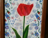 Acrylic  Original piece of art. Painting of tulip on top of turkish tile patterns using acrylic paint