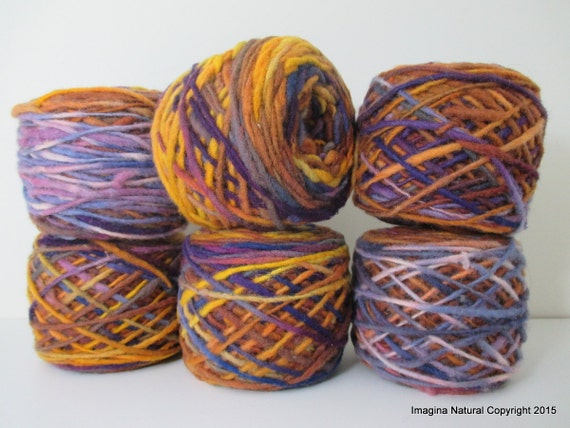 Limited Edition Handspun Hand dyed yarn Bulky Chilean Wool Knitting Multicolour Araucania Chunky Skein Purple Yellow Blue Violet 100g 3.5oz