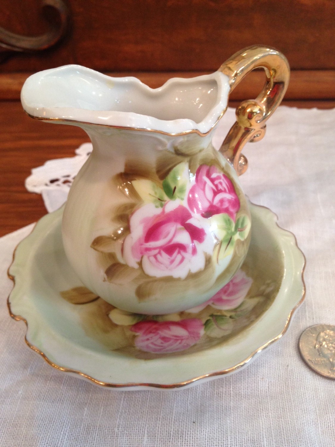 Rare Porcelain Lefton China Heritage Green Floral by curiositynoto