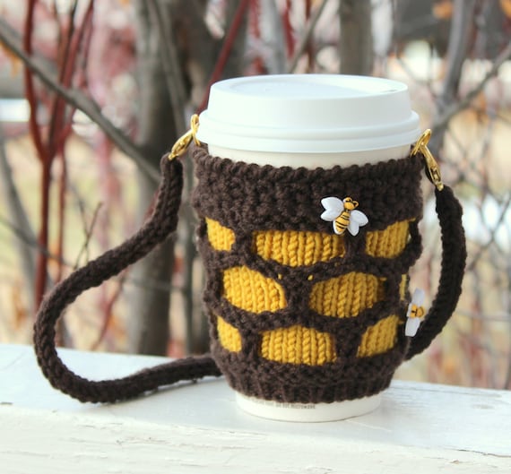 Coffee cozy Hands-free carrying cup sling. Bumble bees Hive honey. Starbucks cup sleeve Travel mug cozy. Hand knitted cup cozy. Yellow brown