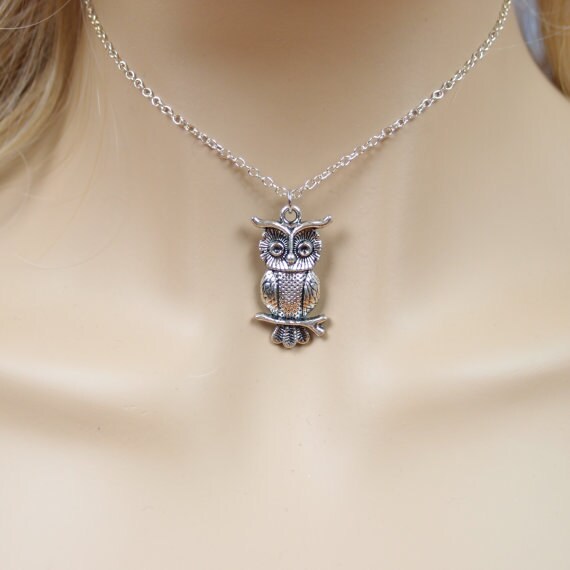 Owl On Branch Necklace Antique Silver Pewter Owl Charm on