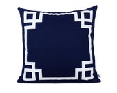 Greek key trim pillow, Framed cushion cover, Decorative throw, Navy and white, Handprinted Fabric, Thick cotton twill, 18x18 inch