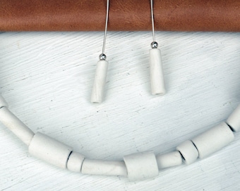 Necklace and Earrings, White Porcelain Necklace and Earrings, Porcelain and Silver
