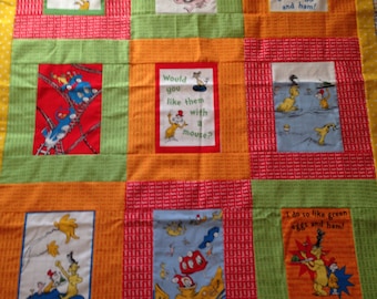 Custom-made from Dr. Seuss Green Eggs & Ham Horton Cat Lorax Grinch Fabric Book Quilt Throw Comforter Blanket Baby Child Toddler Lap