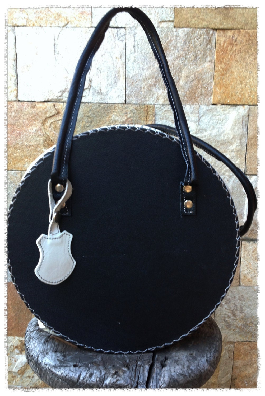 Black and white leather bag round leather by KorektLeatherGoods