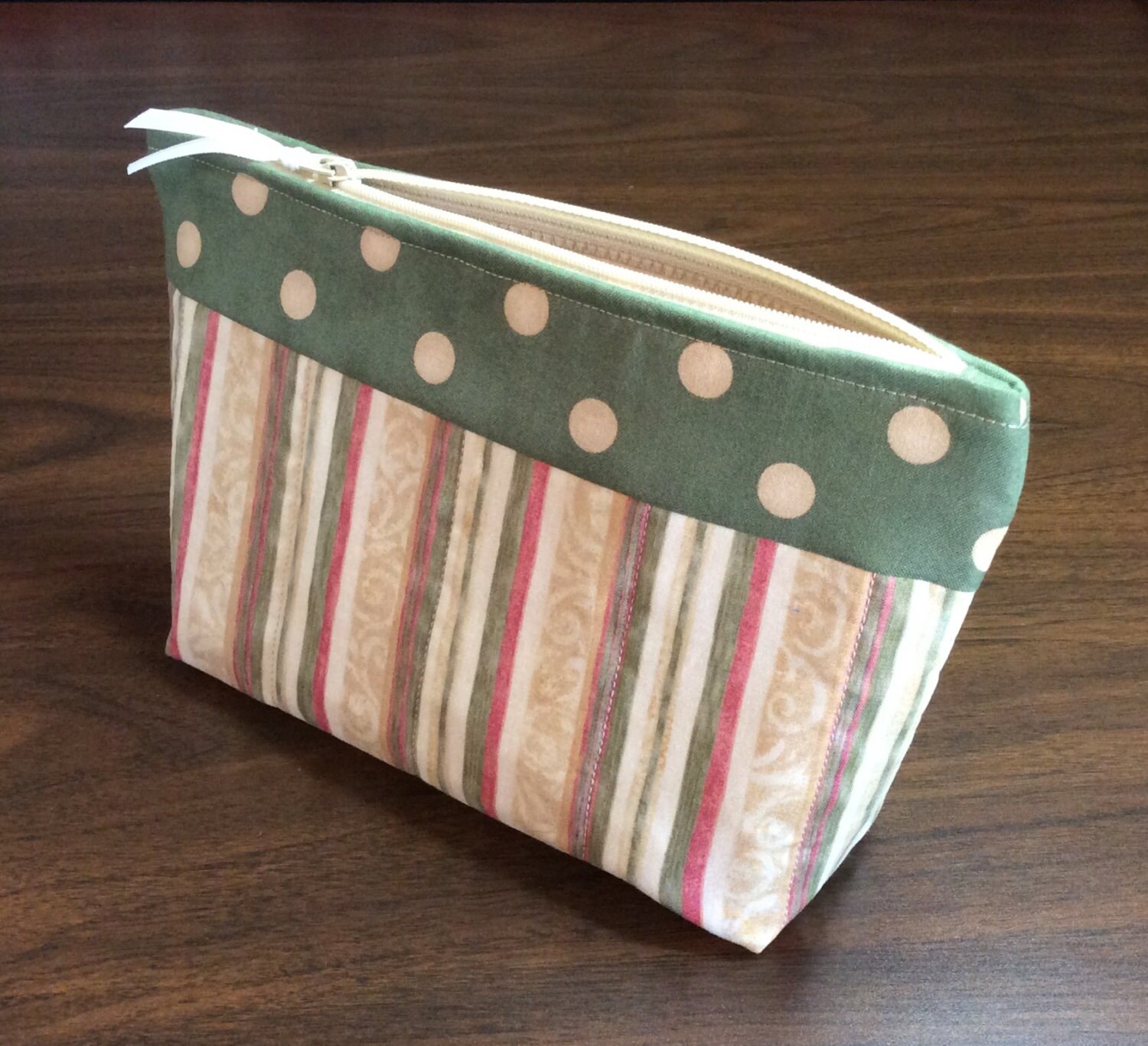 Quilted Cosmetic Bag Sage Green Polka Dot by QuiltedTreasuresByJG