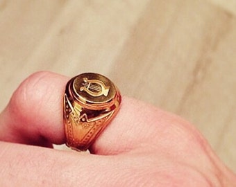 Chevalière fait main argent plaqué or gravé lyre, bijoux français unique