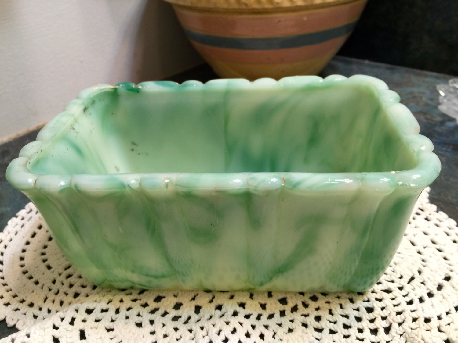 Akro Agate Slag Glass Green Planter 1940 Era