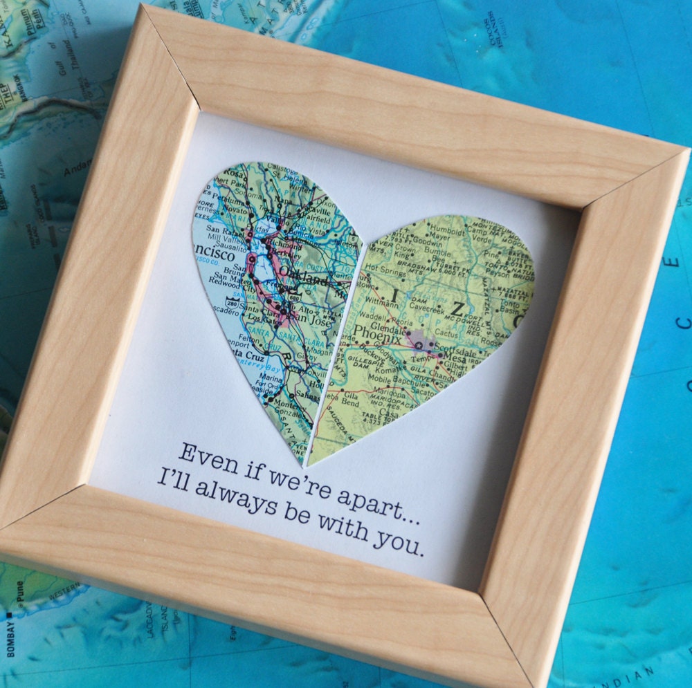 Long Distance Relationship Couple Map Heart Framed with Text