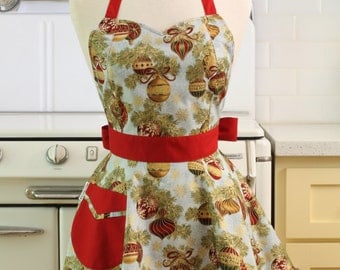 Retro Full Apron Christmas Ornaments on Light Blue BELLA Sweetheart Neckline