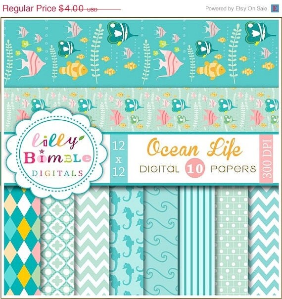 50% off Ocean sea digital papers with seahorses, underwater fish, scrapbook papers INSTANT DOWNLOAD Il_570xn
