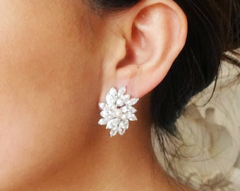 Statement Wedding Earrings, Cubic Zirconia Bridal Earrings, Vintage Wedding Jewelry, CZ Flower Studs, Bridal Jewelry, ESTELLE