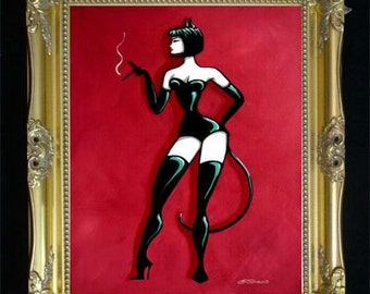 Curvy Cat Women, Catwoman Art Print, Sexy Illustration, bdsm Fetish, Gift for Men, Bedroom Home Decor, Wall Hanging, Leather Corset, SHANO