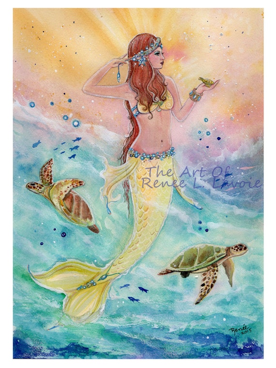 Fantasy mermaid with sea turtles aceo print MRMD By Renee L.