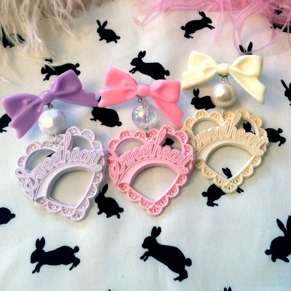 Girly Pastel Sweetheart Earrings in Pink Cream or Lilac