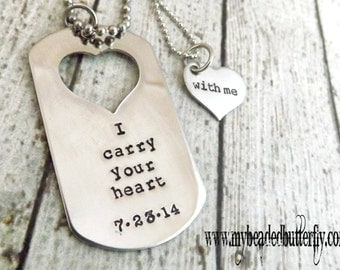 personalized necklace- couples necklace -Handstamped necklace-dog tag-heart-couples necklace-anniversary necklace-I carry your heart with me