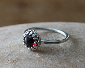 Rose Cut Garnet Ring, Gallery Crown Bezel, Sterling Silver Ring, Gemstone Ring, Stacking Ring, Princess Ring,January Birthstone,Size 2 to 15
