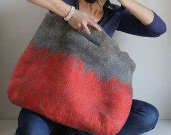 EXTRA LARGE Red Sturdy Everyday Art Bag / Carryall / Tote / Basket / Shopping / Market / Picnic / Hand felted wool / Wearable Art