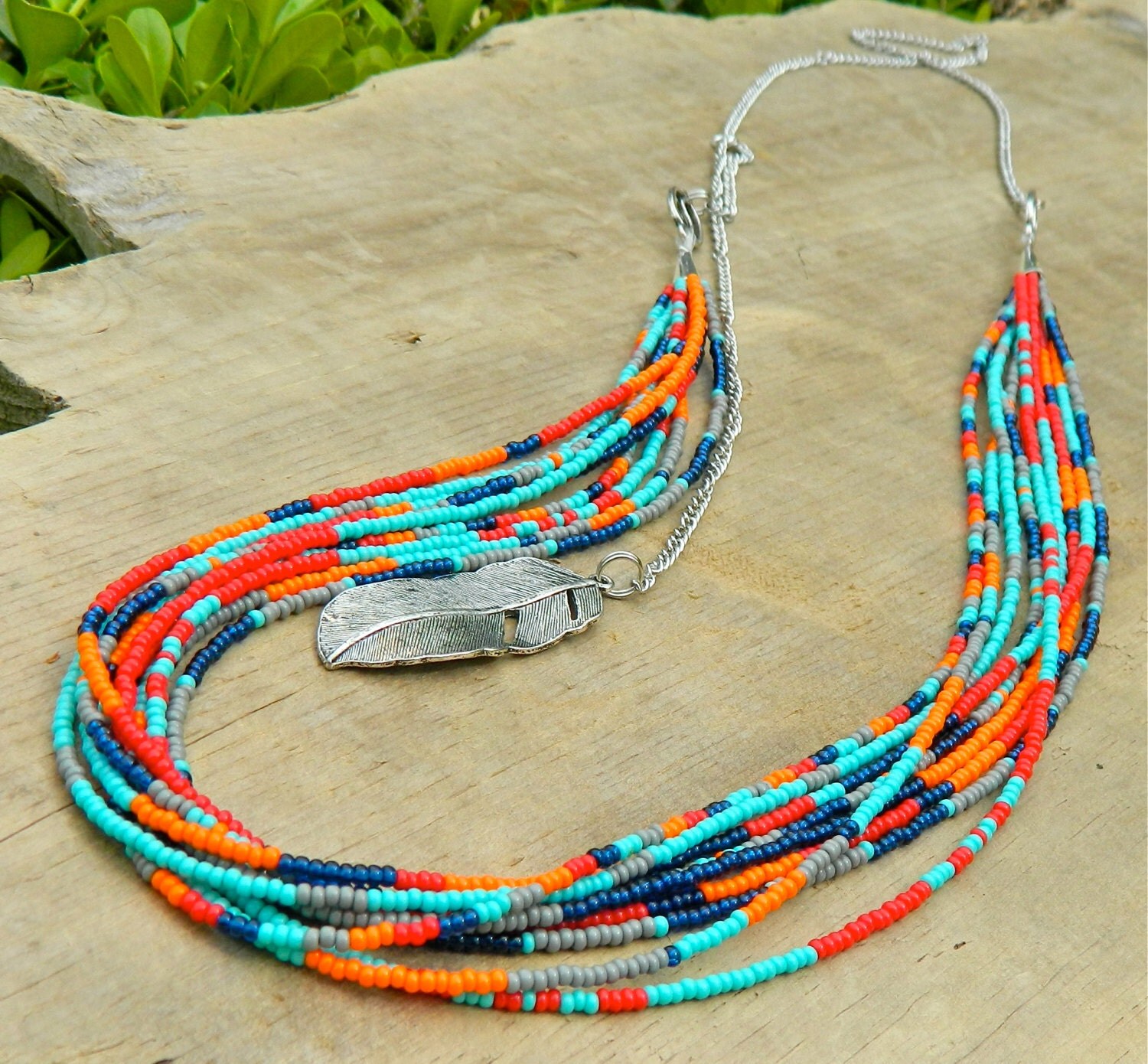 Aztec feather bright seed bead mixed pattern statement