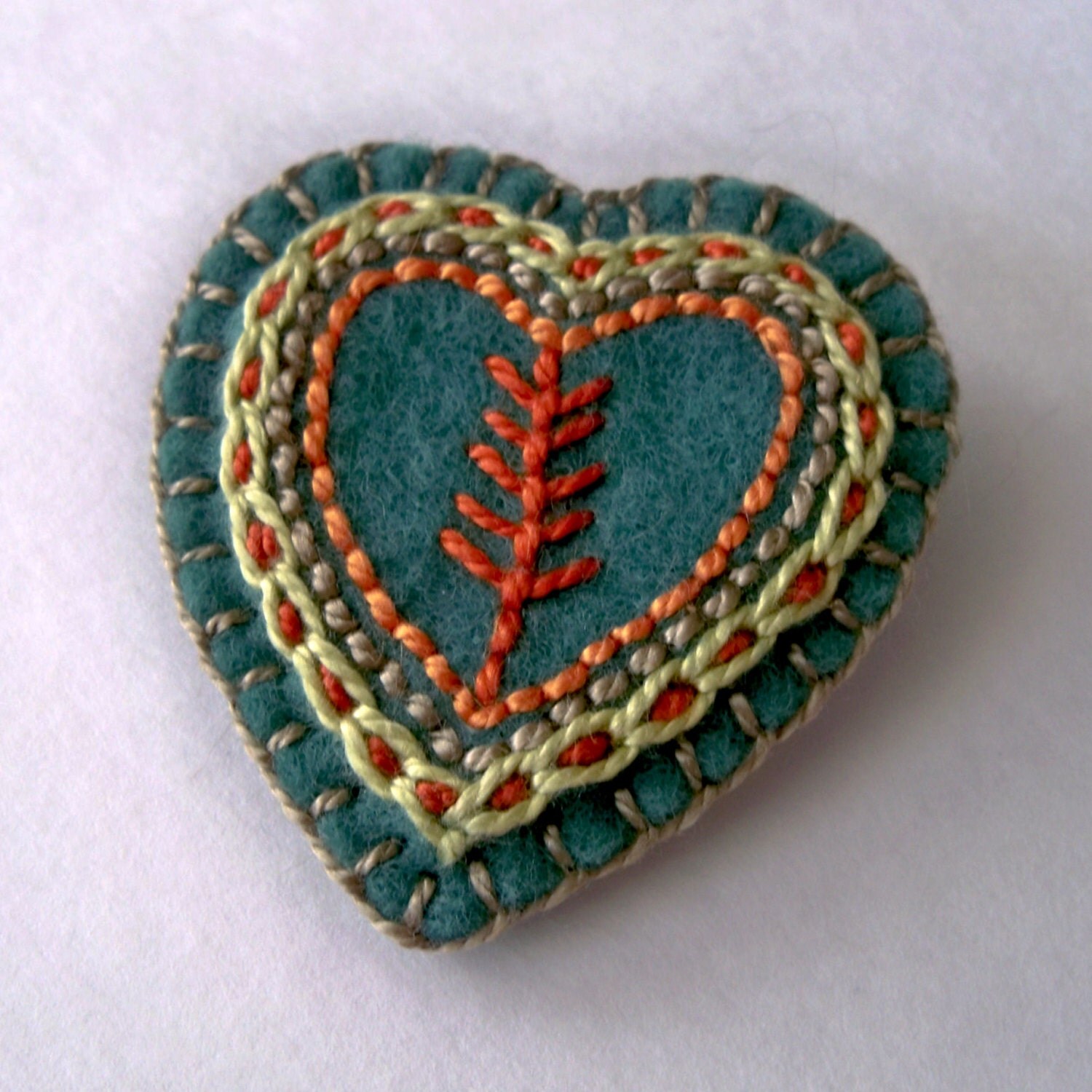 Felt Heart Brooch or Pin Hand Embroidery on Muted Teal