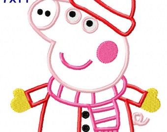 Instant Download Girl Pig Winter Boutique Machine Embroidery Applique Design 5x7 6x10 7X11 hoop