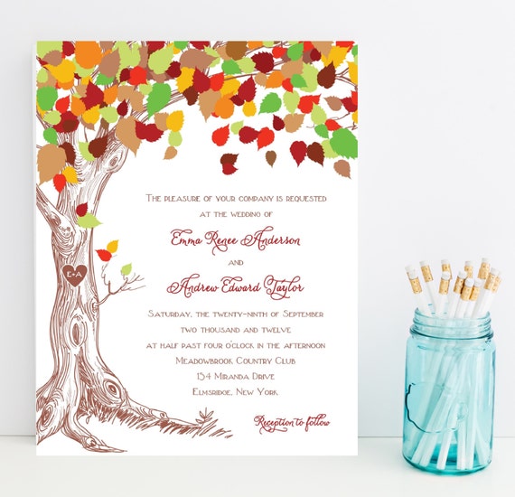 Tree wedding invitation - carved initials, outdoor, fall wedding invitation - rustic wedding invitation - woodland