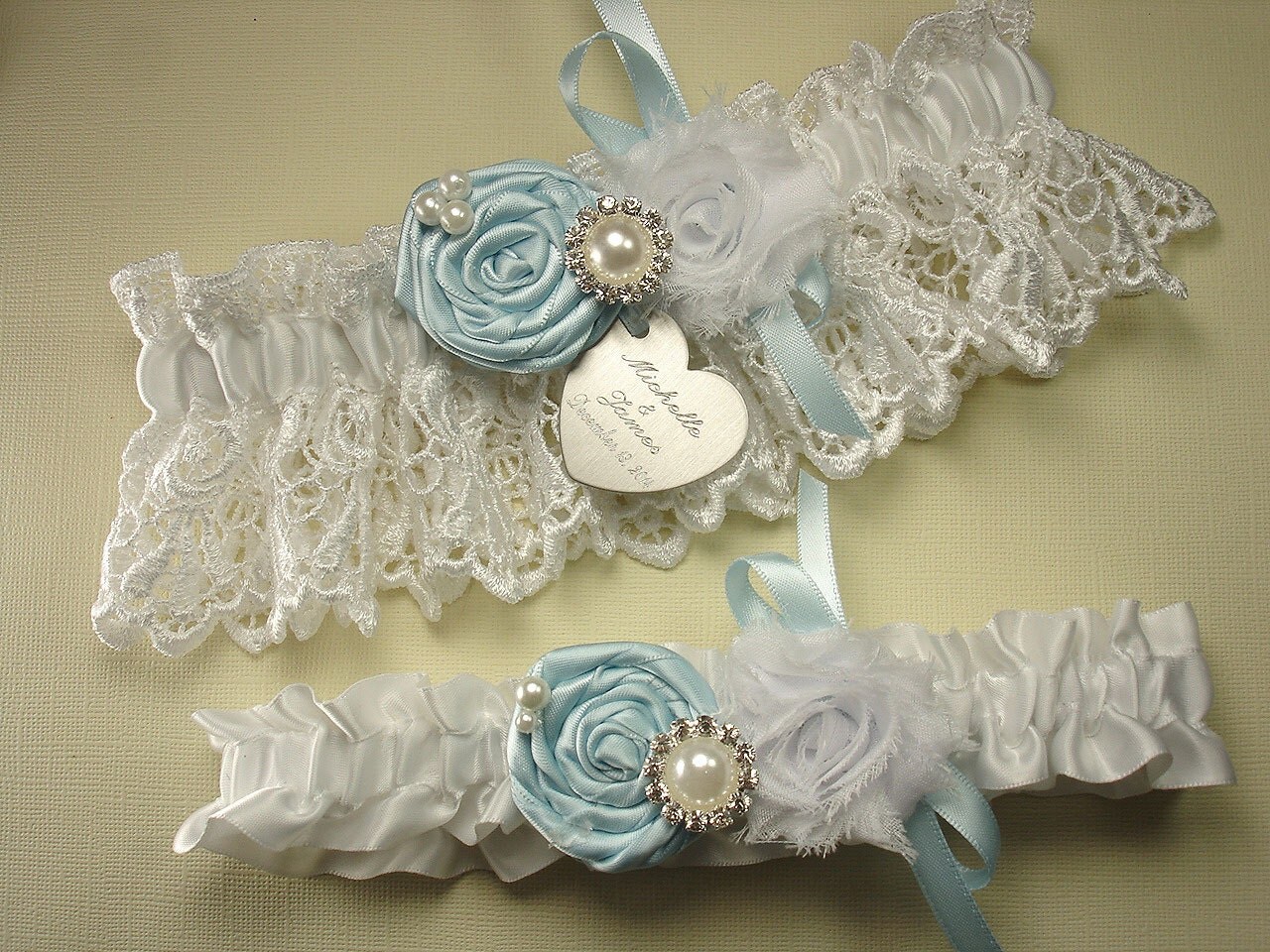 Personalized White Lace Wedding Garter Set with Handmade Blue