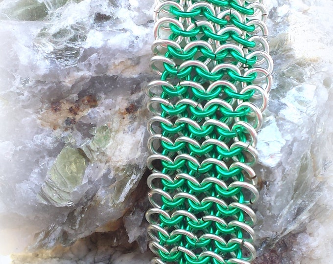 Bracelet, Handmade, Ladies Chain Bracelet, Green Chainmaille, Silver Chainmaille