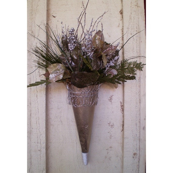 Winter Yule Christmas holiday home decor wall hanging floral arrangement Victorian flower cone