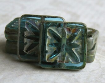 Aqua Picasso Czech Glass Carved Star 15mm Square Bead : 6 Aqua Blue 10mm Square