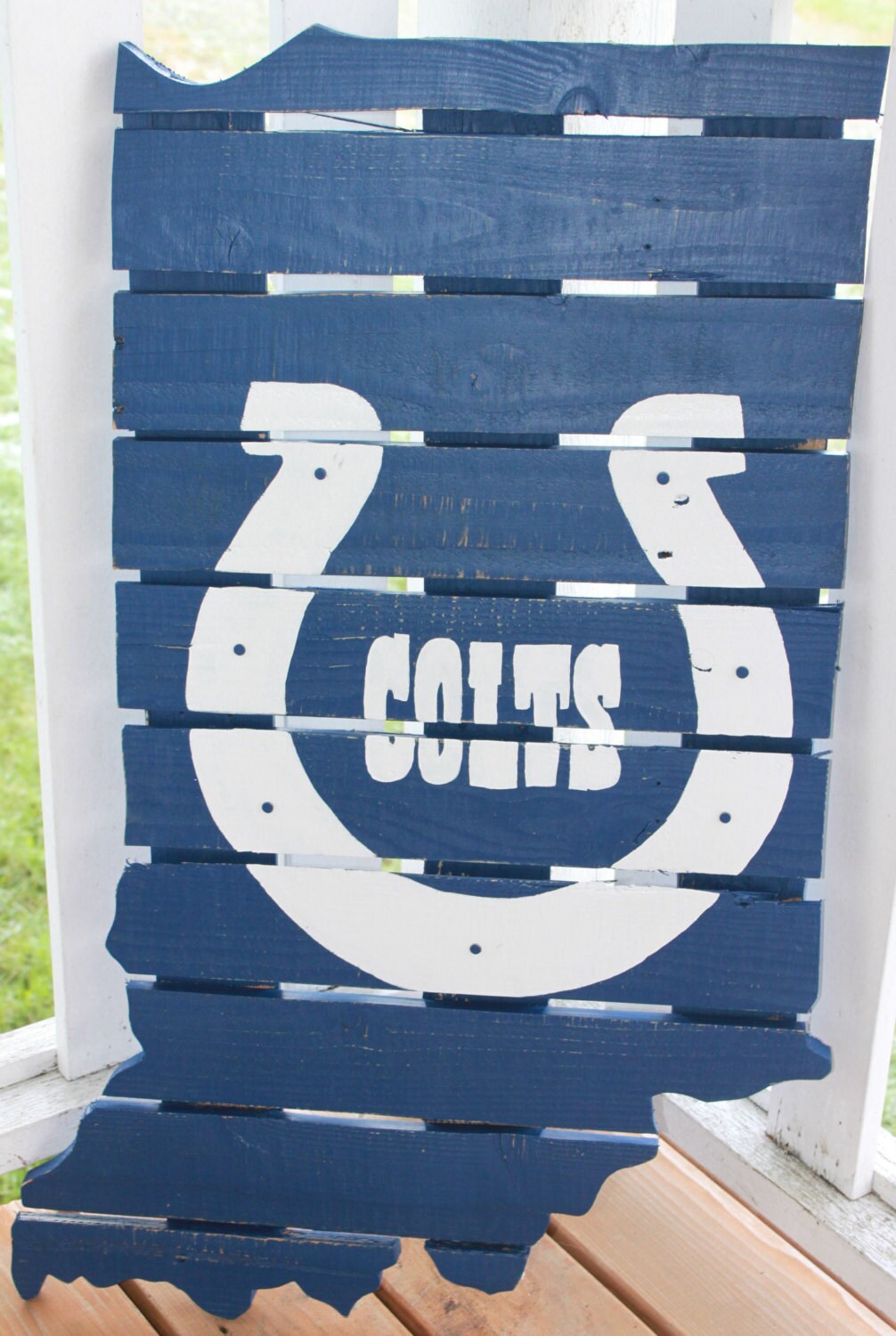 Indianapolis Colts sign made from reclaimed lumber hand