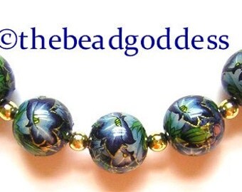 5 Beautiful Japanese Tensha Beads MORNING GLORIES on BLUE Metallic 12mm
