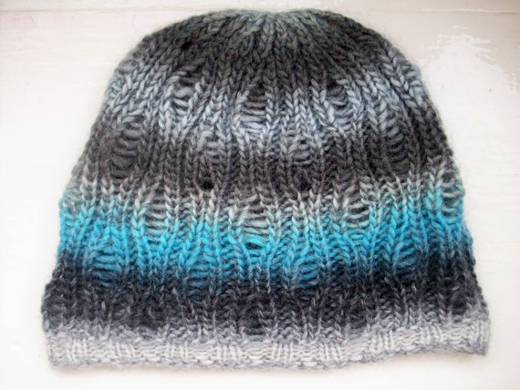 Reversible beanie hat, soft warm wool, black grey blue mix, classic style