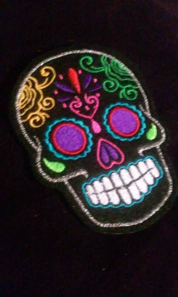 Day of the Dead, Black Sugar Skull Embroidery Patch purple eyes