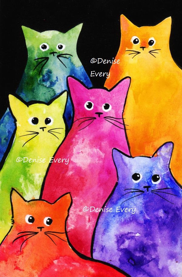 Abstract Cat Art Print TieDyed Kitties Colorful by DeniseEvery