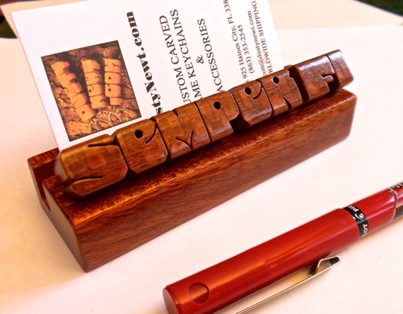 Custom Wood Desk Name and Business Card Holder in Leopardwood