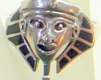 Art Deco Vintage Poison Ring - Sterling King Tut - Egyptian Revival - Black Enamel Headdress - Size 9 - Solid Sterling Silver - Halloween