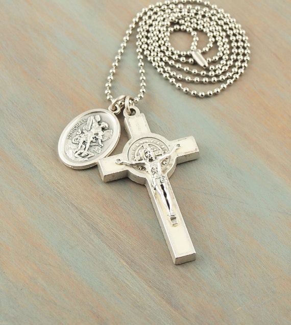 St Benedict Cross White Enamel Crucifix Necklace St Michael Medal ...