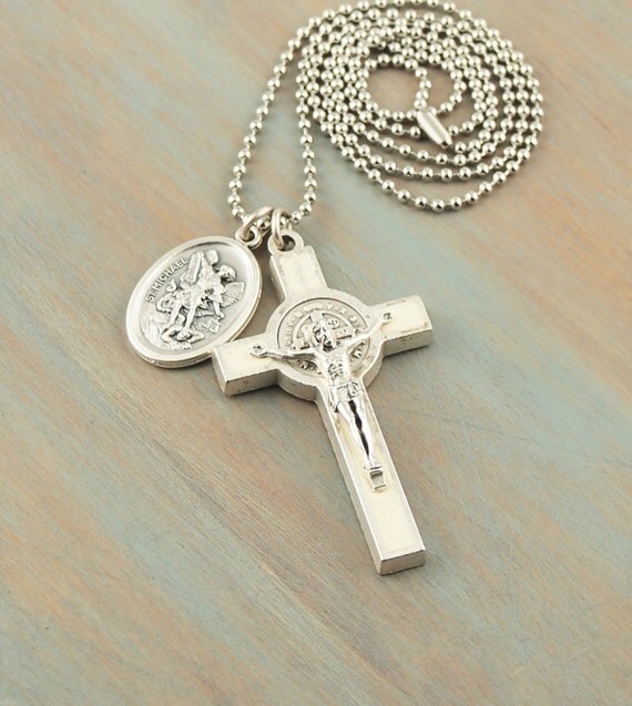 St Benedict Cross White Enamel Crucifix Necklace St Michael Medal 