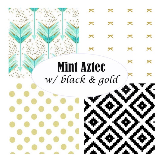 Custom Crib Bedding3 pieceMint Aztec with black & gold