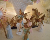vintage pastel and gold plastic angel choir, hong kong, musical instruments, cake toppers, tree ornaments, small figures, christmas scenes