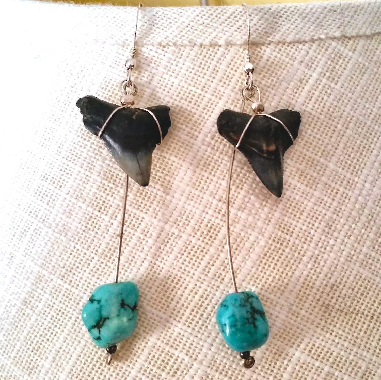 Fossilized shark tooth earrings with turquoise