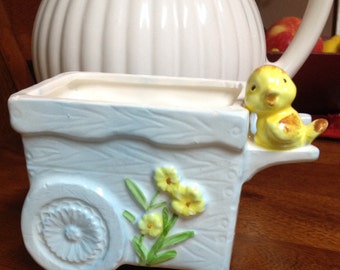 Baby Blue Flower Cart Planter Vase with Yellow Bird!