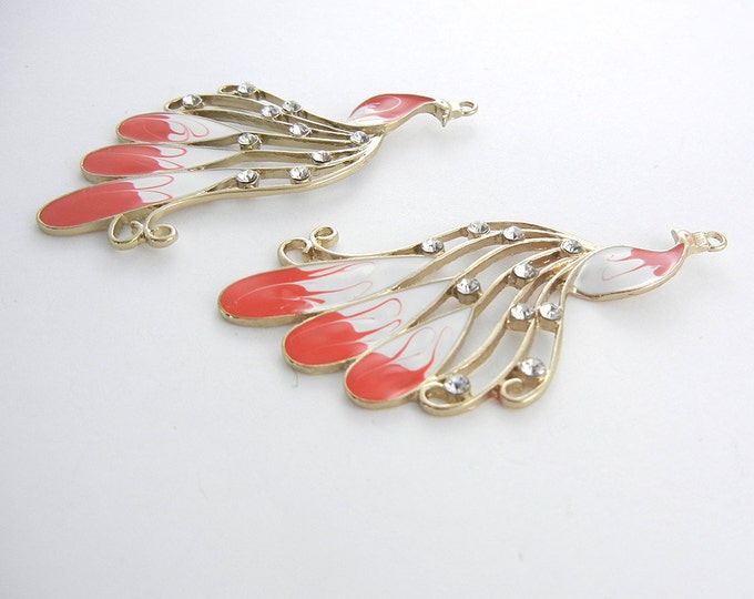 Large Pair of Gold-tone Red and White Epoxy Peacock Charms Rhinestones