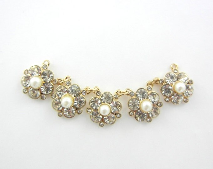 Gold-tone Floral Rhinestone and Faux Pearl Flower Bib or Double Link Pendant