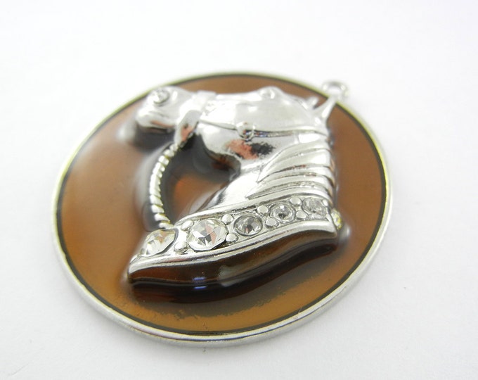 Round Silver-tone Horse Pendant with Brown Epoxy and Rhinestones