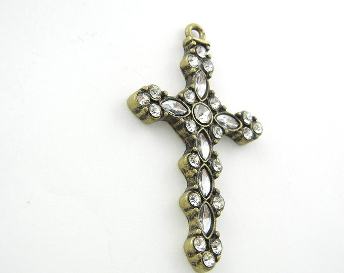 Burnished Gold-tone Clear Rhinestone Encrusted Cross Pendant